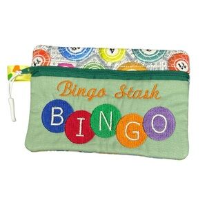 Hand Crafted Zipper Pouch Bingo Stash Green with Bingo Balls Zipper Wallet